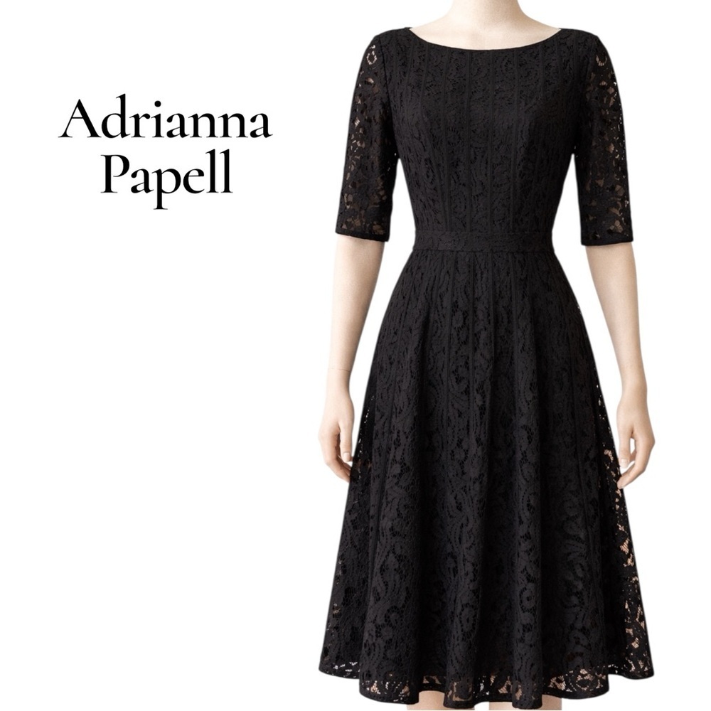 Adrianna Papell ElegantnBlack Lace Fit Flare Dress Sz 4 Boat Neck Elbow Sleeve